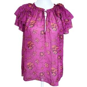Ulla Johnson Silk Blend Fuchsia Floral Blouse Size 8 Boho Ruffle Sleeve Top